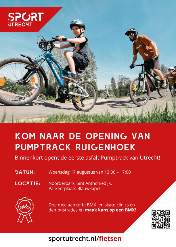 #AGENDATIP
📅 17 augustus
⏰ 13:30 - 17:00u
📍 Noorderpark Ruigenhoek
🎉 Feestelijke opening #pumptrack met demo's van professionele BMX-ers en skateboarders en toffe winactie! 
Zie: sportstad-utrecht.nl/agenda/opening…