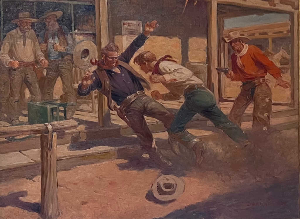 This painting was the dust jacket cover illustration for William MacLeod Raine's 1937 book, and is also in Eggenhofer's 1981 autobiography, Horses, Horses, Always Horses: The Life and Art of Nick Eggenhofer.

Art Credit: Nick Bggenhofer (1897-1985), King of the Bush, 1937. Oil