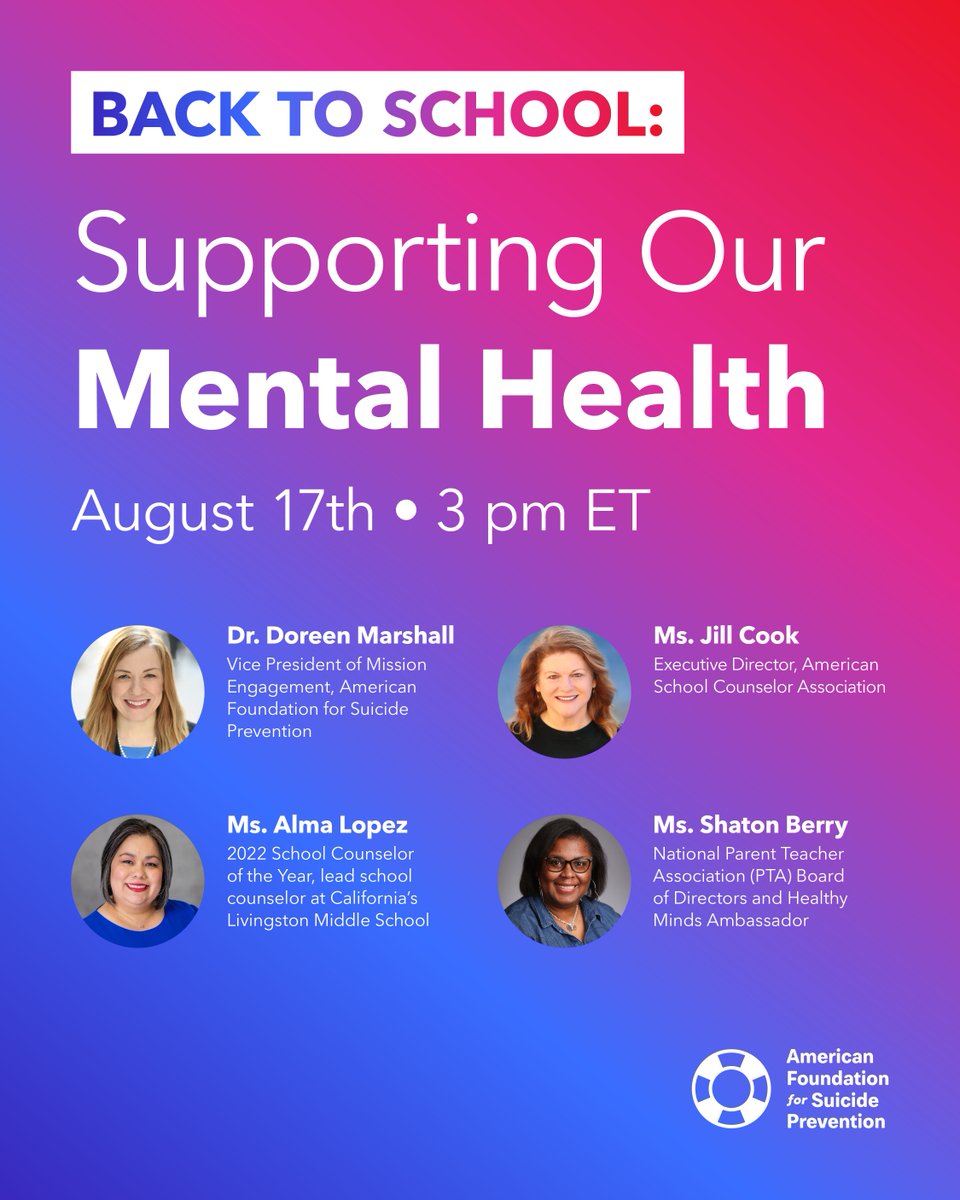 On 8/17 at 3pm ET, we're hosting a special panel event, ""Back to School: Supporting Our Mental Health,"" on Facebook and YouTube Live. @DoreenSMarshall, VP of Mission Engagement, will moderate with panelists from <a href="/ASCAtweets/">ASCA</a> + <a href="/NationalPTA/">NationalPTA</a>. RSVP: fb.me/e/1Q9G5e1Hl
