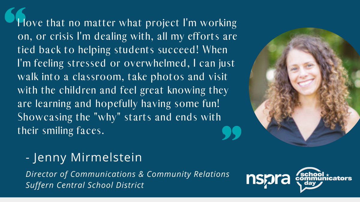 NSPRA's tweet photo. We asked members to tell us why they love #schoolPR in advance of School Communicators Day in May and received so many responses we couldn't share them all that month! So, we're continuing to post them as #MemberMonday profiles - check out today's from @jmirmelstein! https://t.co/ozgO4bjdIT
