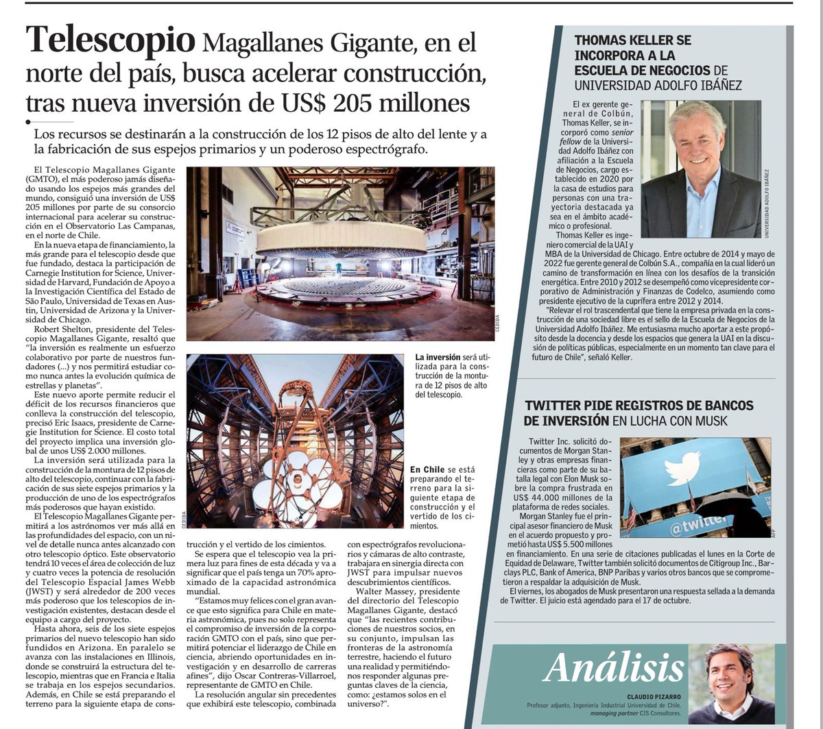 giantmagellanES's tweet photo. 🔭Estamos en  @ElMercurio_cl "Telescopio Magallanes Gigante, en el norte del país, busca acelerar construcción, tras nueva inversión de US$ 205 millones". https://t.co/ORd4grRhUD