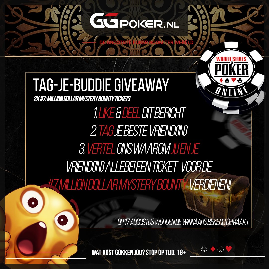 GGPoker_NL's tweet photo. Ticket(s) winnen?

1️⃣ Like &amp; deel dit bericht
2️⃣  tag je beste vriend(in)
3️⃣ Vertel ons waarom jij en je vriend(in) allebei een ticket verdienen!

Om mee te doen aan deze actie, moet je 24 jaar of ouder zijn.

Wat kost gokken jou? Stop op tijd. 18+

#GGPoker #GGPokerNederland https://t.co/mRSRXLBGq3