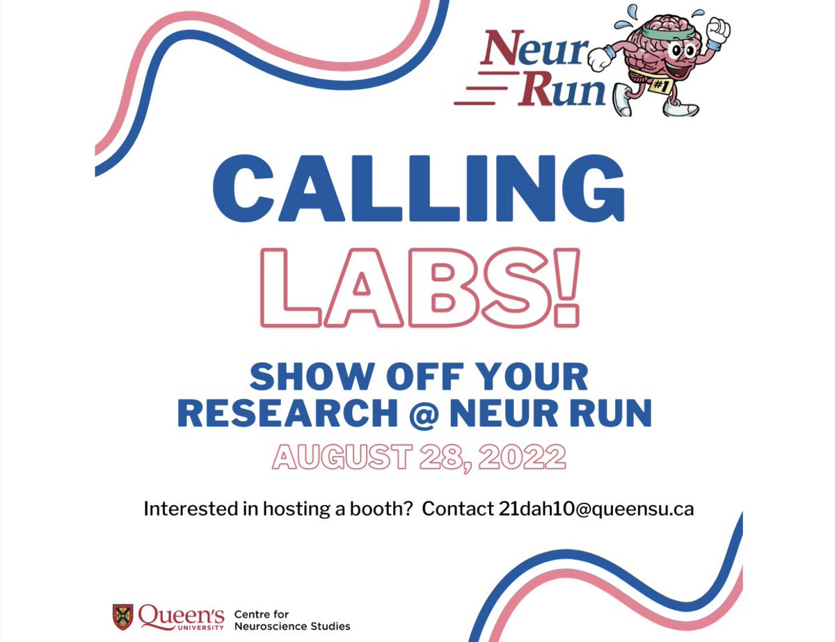 Seeking volunteers to host research or neuro information booths at our event on Saturday August 28th! If you want to showcase your research or a neuro topic at our August 28th #NeurRun, please email 21dah10@queensu.ca with your ideas! #ygk @QueensuDOM @QueensUHealth @QueensSGPS