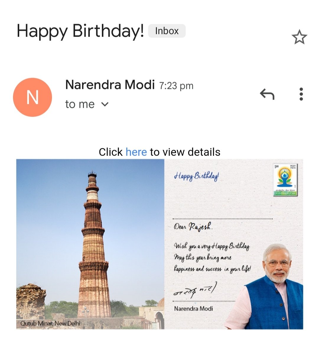 SinghRajeshbjp's tweet image. आज मुझे मेरे जन्मदिन पर हमारे महान प्रधानमंत्री माननीय श्री @narendramodi जी से e-mail द्वारा शुभकामनाएं प्राप्त हुई। 
आपका हार्दिक धन्यवाद प्रधानमंत्री जी 🙏
#rajeshsingh