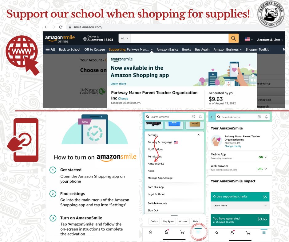 Use @AmazonSmile online and in the app to earn donations for "Parkway Manor Parent Teacher Organization, Inc.” while you shop for back to school supplies. Add SMILE ✨smile.amazon.com✨ to begin activating your account! #ParkwayManorPanthers