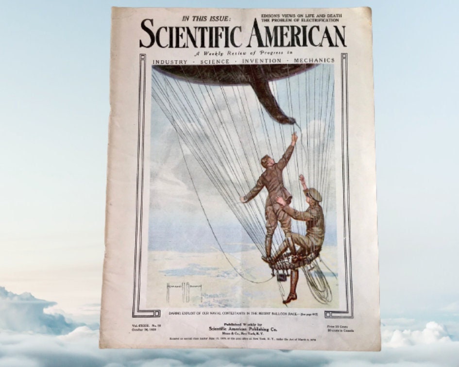 jarmgirl's tweet photo. Really love this, from the Etsy shop BrocanteAttic. https://t.co/C0180TqVql #etsy #scientificamerican #sciencemagazine #popularscience #howardvbrown #steampunk #pulpartcover #industrialscience #balloonrace https://t.co/3RSroiEh1G