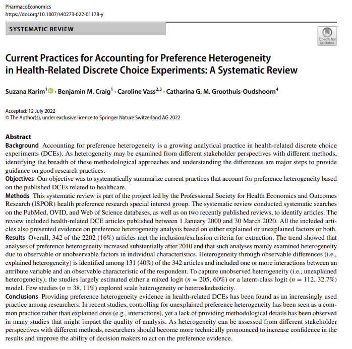 Caroline Vass (@carolinemvass) on Twitter photo We have published a follow-up to our <a href="/ISPORorg/">ISPOR</a> report 👇
Detailing analyses of heterogeneity in preference literature including an overview of research questions, the samples recruited, approaches to experimental design...and more!
link.springer.com/article/10.100… <a href="/RTIHS/">RTI Health Solutions</a> <a href="/HealthEcon_MCR/">HealthEcon_MCR</a> We have published a follow-up to our <a href="/ISPORorg/">ISPOR</a> report 👇
Detailing analyses of heterogeneity in preference literature including an overview of research questions, the samples recruited, approaches to experimental design...and more!
link.springer.com/article/10.100… <a href="/RTIHS/">RTI Health Solutions</a> <a href="/HealthEcon_MCR/">HealthEcon_MCR</a>