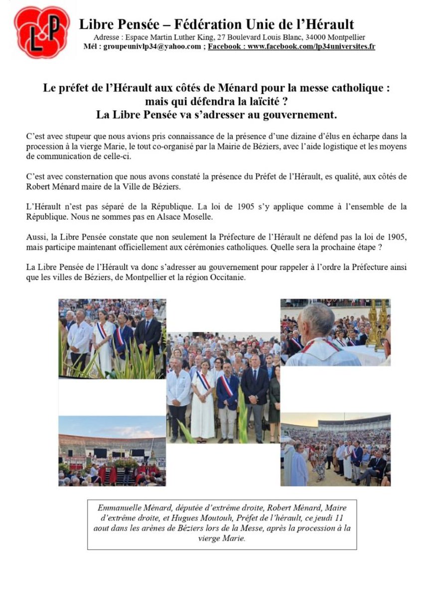 RicardParreir's tweet photo. Le préfet de l'Herault @Prefet34 aux côtés de @RobertMenardFR pour la messe catholique.
En plus d'une attaque contre la #laïcité, la célébration de la #tortureanimale. La honte.
#fnlp #Montpellier #Feria #extremedroite https://t.co/bl8mOLJiP9