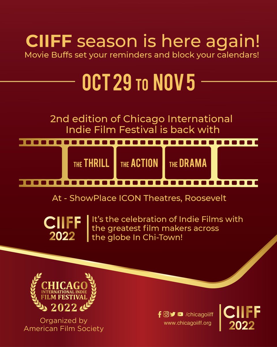 ChicagoIIFF's tweet photo. #CIIFF season is here again! 🎬
2nd edition of Chicago International Indie Film Festival is back in #Chicago from 29th Oct, 2022 to 5th Nov, 2022!
If you are a film-maker, submit your entries via the #LinkInBio
Tag all film-makers that you know! https://t.co/SjxkbZthHa