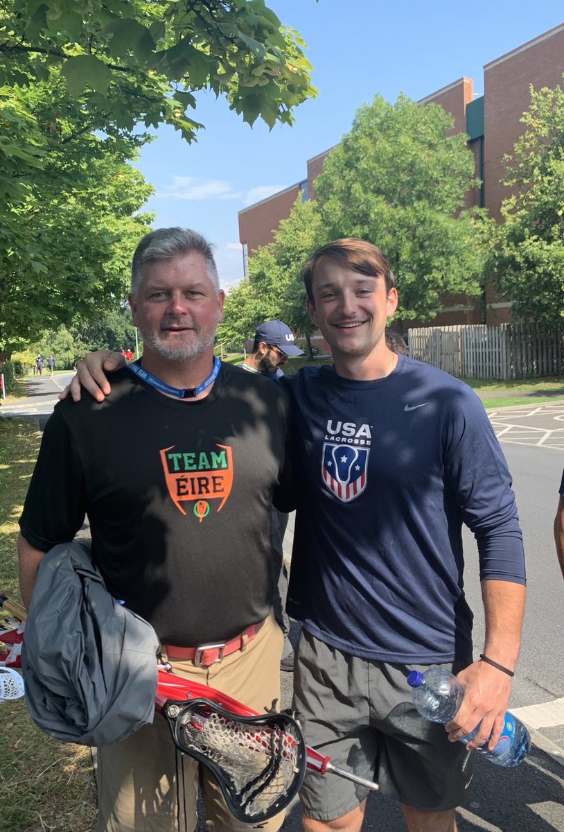 Wisemanlax's tweet photo. In Limerick, Ireland for the 2023 Irish National Team Training Camp and also watching the U21 World Games.   Bumped into one of my former and favorite defensemen representing Team USA.  Once a Warrior, always a Warrior.    Team USA 3-0 right now. Playing Australia at 4pm GMT https://t.co/z25dEXVITA