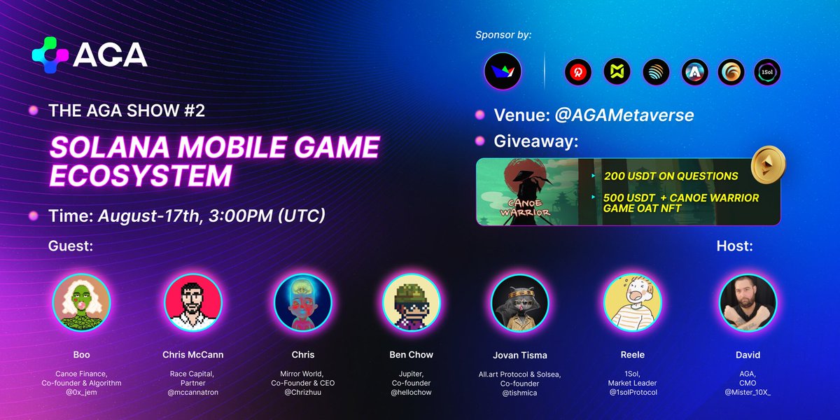 Arche Guild Alliance (@agametaverse) on Twitter photo 📢 JoinThe AGA Show, Vol.2
Solana Mobile Games Ecosystem
⏰<a href="/AGAMetaverse/">Arche Guild Alliance</a>
📌 August 17th, 3PM UTC
🎁 Giveaway Prizes 🎁
20 $USDT *10 @Canoe_Finance + 500 $USDT / Canoe Warrior OAT <a href="/ProjectGalaxyHQ/">Now Galxe (Previously Project Galaxy)</a>
Tell us your favorite game on Solana and get the $200USDT rewards! 📢 JoinThe AGA Show, Vol.2
Solana Mobile Games Ecosystem
⏰<a href="/AGAMetaverse/">Arche Guild Alliance</a>
📌 August 17th, 3PM UTC
🎁 Giveaway Prizes 🎁
20 $USDT *10 @Canoe_Finance + 500 $USDT / Canoe Warrior OAT <a href="/ProjectGalaxyHQ/">Now Galxe (Previously Project Galaxy)</a>
Tell us your favorite game on Solana and get the $200USDT rewards!