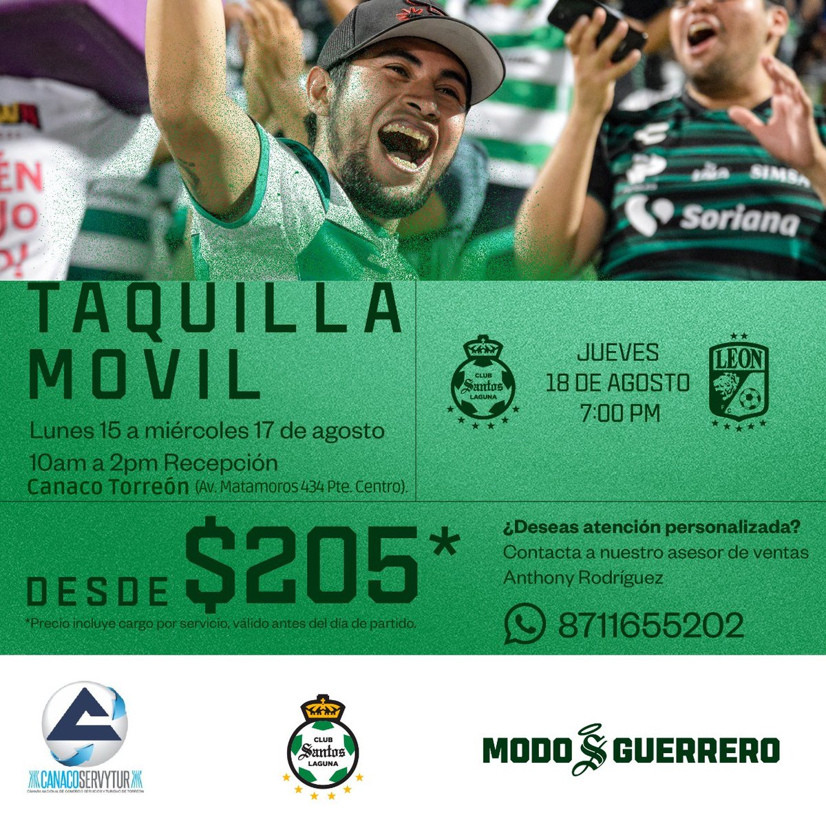 Nos pusimos en #ModoGuerrero y a partir de hoy lunes 15 y hasta el miércoles 17 podrás adquirir tus boletos para el juego de SANTOS vs LEÓN en nuestras instalaciones con la #TaquillaMóvil. 😎⚽️🎟
Corre por los tuyos, estamos en:
📍Av. Matamoros #434 pte. Centro. 
📞8717168822