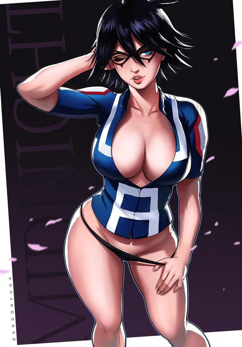UAsownproslut's tweet image. Midnight poses dramatically and sexy as she walks out of her walk in closet, dawning her old training top from when she was a student at UA

"H-haha!~ s..see I told you it would still fit~..b-barely~.."

She says while posing Infront of her pleased looking gf