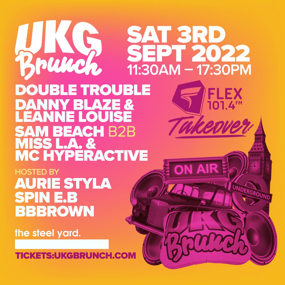 A <a href="/FLEXFMUK/">FLEXFMUK</a> takeover at <a href="/ukgbrunch/">officialukgbrunch</a> is coming!😍🫶🏼

SO gassed to be spinning #UKG with a special B2B set with <a href="/sambeachdj/">Sam Beach</a> 🥳  PLUS #Flex family providing the vibe &amp; an hour’s #bottomless #RumPunch &amp; chicken included!🍗🍹

Tix 👉🏼 skiddle.com/whats-on/Londo…