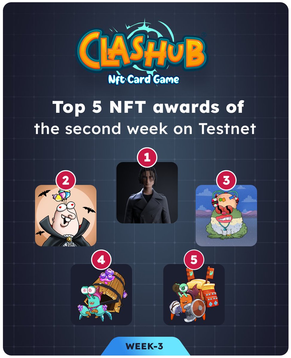 theclashub's tweet photo. Congratulations guys;

Testnet's third week ranking has been announced. Congratulations to the top 5 players with their NFT awards.
Come on Clashub players, new week, new NFT rewards are waiting for you...

#NFTgames #clashub #NFTCommunity #NFT https://t.co/GzfzyUFHye