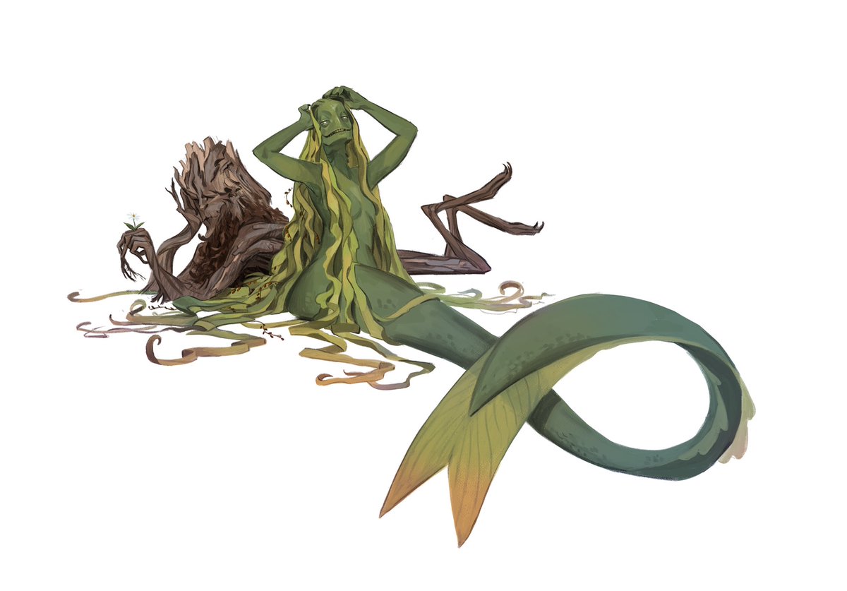 A painting of theoretical versions of Goldberry and Tom bombadil from lord of the rings in monster-like diety forms