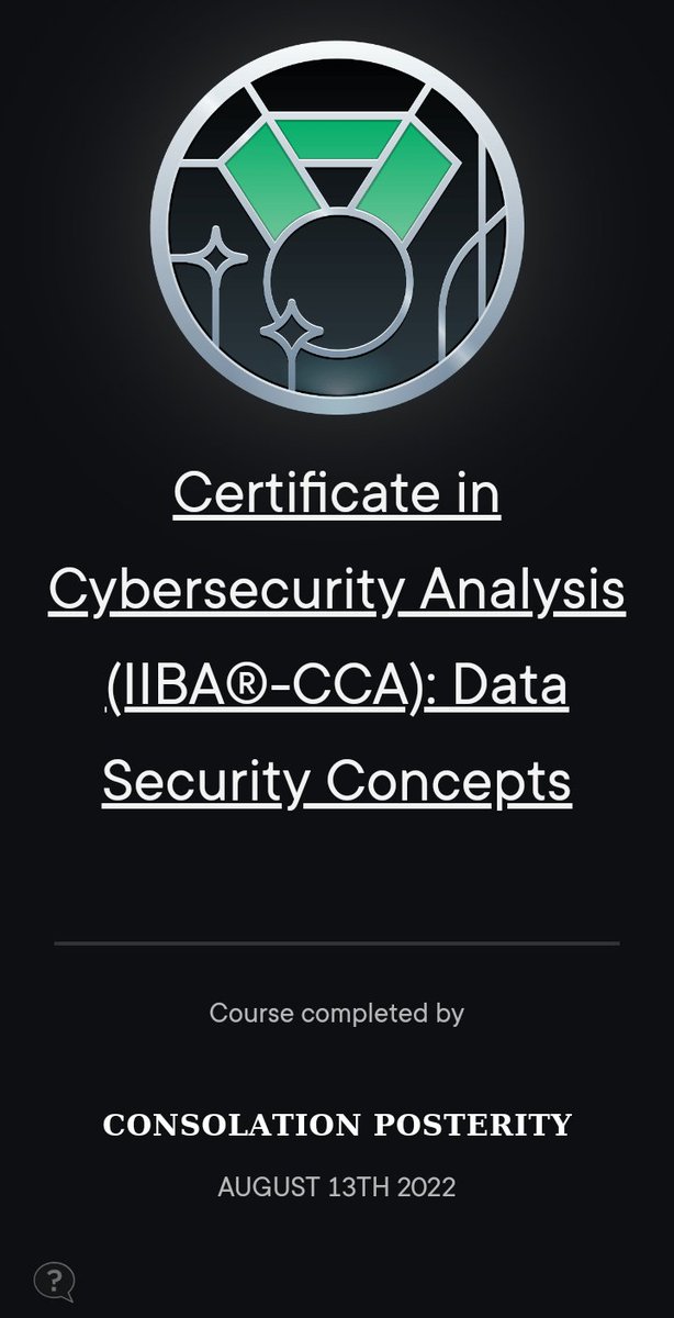 Posterityng's tweet photo. I earned a new badge, (Certificate in Cybersecurity Analysis (IIBA®-CCA): Data Security)) while skilling up on @pluralsight
#cybersecurity #iotexperience #infosecurity https://t.co/qOtw1RpVkH
