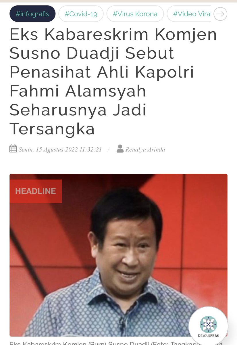 “Seharusnya Fahmi Alamsyah juga jadi tersangka, karena terlibat dalam pembuatan skenario Ferdy Sambo,” kata Susno Duadji.

Saya sepakat dengan Susno Duadji.

<a href="/DivHumas_Polri/">Humas Polri</a> <a href="/ListyoSigitP/">Listyo Sigit Prabowo</a> 

pantau.com/topic/nasional…