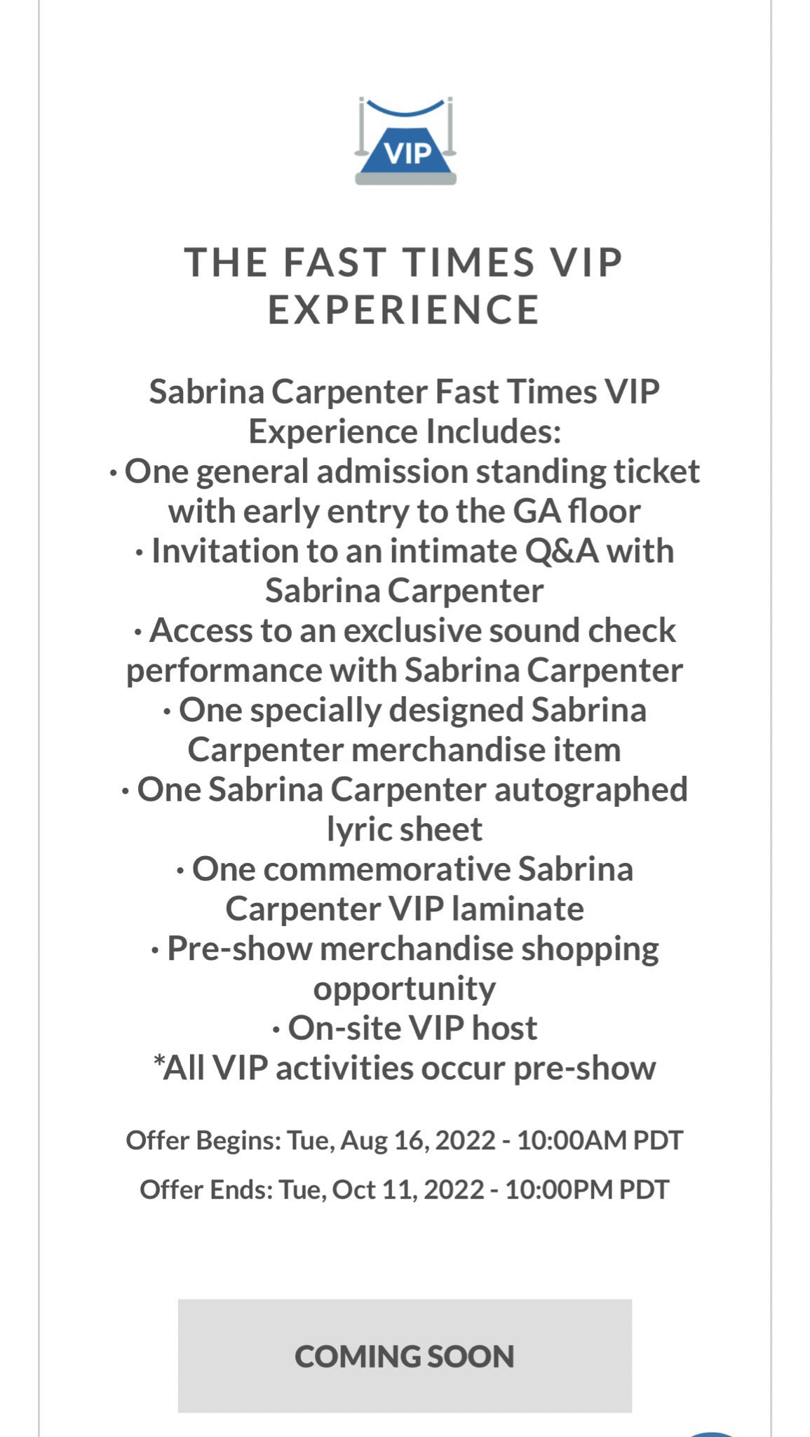 Sabrina Carpenter Tour Info on Twitter: "🚨: There will be three VIP