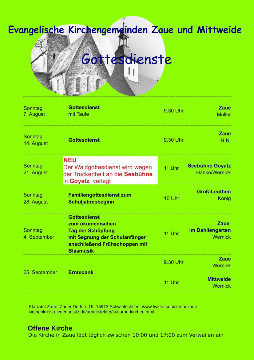 KircheZaue's tweet photo. NEU #KircheZaue Gottesdienst 21.August. Wegen der Trockenheit kann der #Waldgottesdienst nicht im Wald, #Rampe6, stattfinden. SONDERN: #SeebühneGoyatz, 11. Uhr. https://t.co/7KTjGt3fvM
