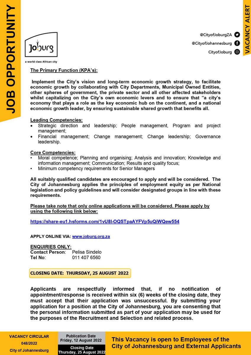 [JOB OPPORTUNITY] 💼📢

We have an exciting career opportunity in an Executive Position. 

Think you've got what it takes to the new Executive Director in the Department of Economic Development? See the details below. 

Closing date: Thursday 25 August. 

Good luck! #JoburgJobs