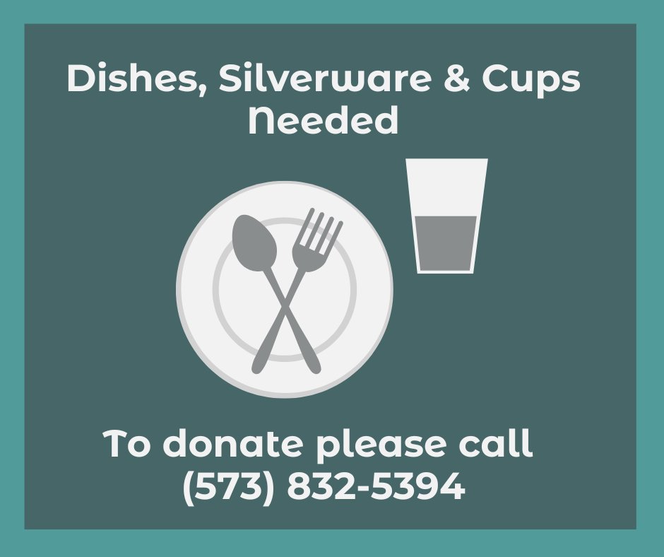RussellHouseMO's tweet photo. Do you have dishes that you do not plan on using? Your donations are welcomed and appreciated! New cups, plates, bowls, silverware, and more can make a big difference in the lives of residents at Russell House. Please reach out to Kenisha at 573-832-5394 to schedule a donation. https://t.co/WP9InSCRUo