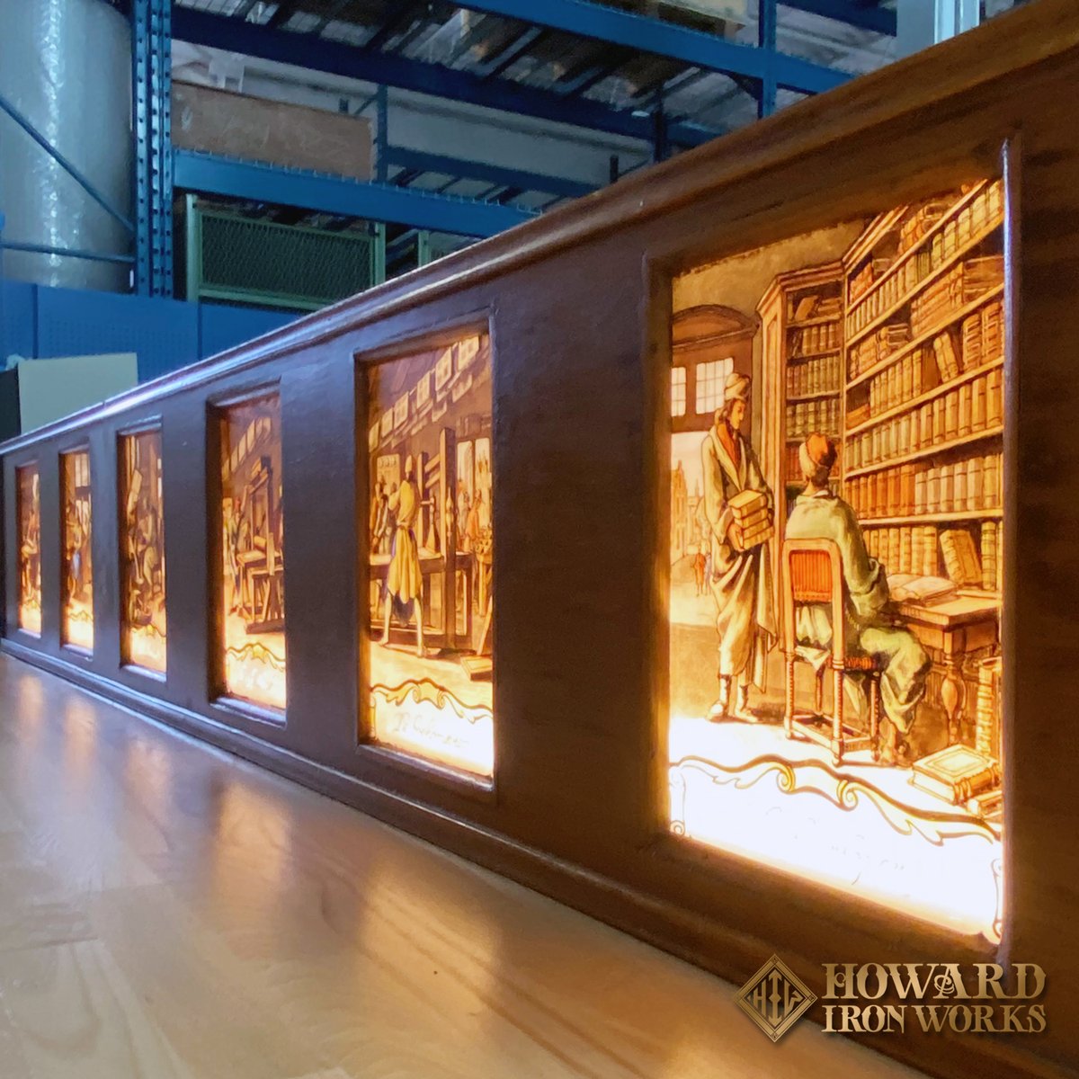 HowardIronWorks's tweet photo. This lightbox, hand-painted in reverse by a Dutch artist on glass plates, inspired by the work of father & son, Jan & Caspar #Luyken, famous for the engravings of various trades. Featured here are #Papermaker #Bookbinder #Engraver #IntaglioPrinter #BookPrinter #BookSeller https://t.co/t8Z3fm3lls