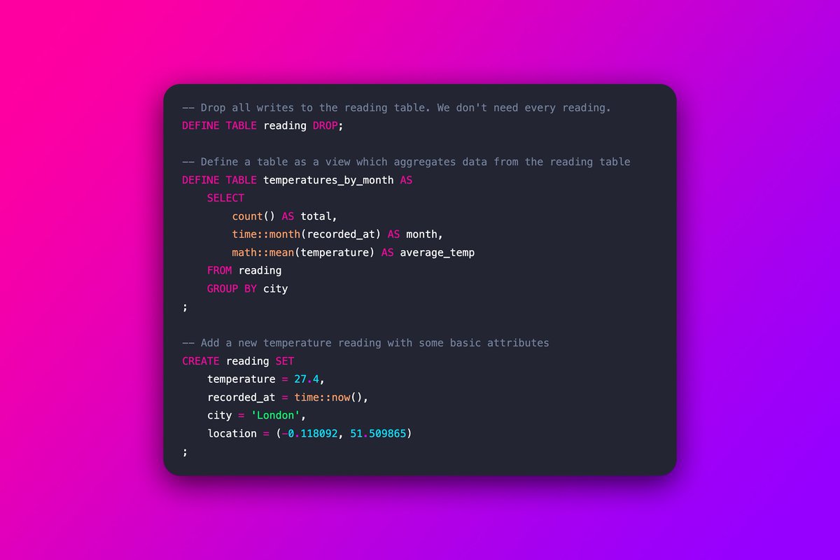 Aggregate views let you pre-compute 📈 analytics queries as #data is written to <a href="/SurrealDB/">SurrealDB</a> in an efficient and performant way.

No more 🥴 complicated queries for dashboard analytics.

Improve your #app #development process with #SurrealDB.

#cloud #database #opensource #rust