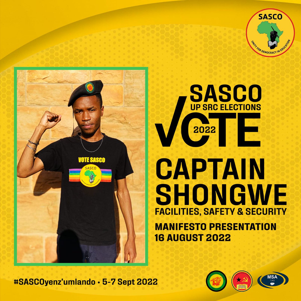 UpSasco's tweet photo. Tomorrow our candidate for Facilities, Safety and Security @Captain_Shongwe will present his manifesto at the Hatfield Campus, University of Pretoria! Be there✊🏾✊🏾
#StudentCenteredGovernance
#SASCOyenzumlando❤️💛💚✊🏾 https://t.co/1xJquUN0kn