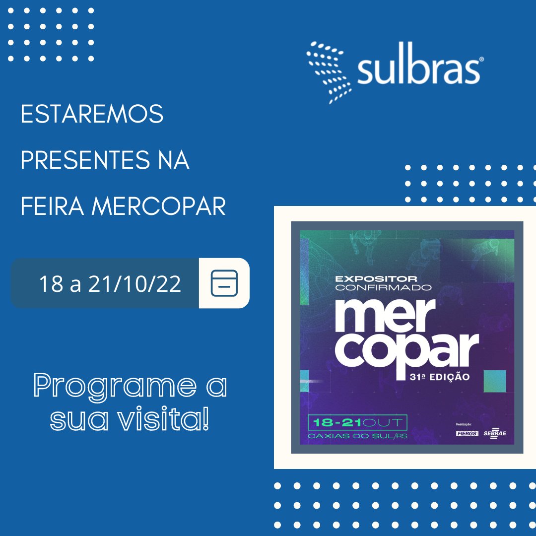 Sulbras's tweet photo. Estaremos presentes na Feira Mercopar, que acontecerá de 18 a 21/10/22 nos Pavilhões da Festa da Uva em Caxias do Sul/RS
Confira a programação completa do evento em https://t.co/Bo1n5m9Bur e programe a sua visita!

#sulbras #mercopar #feiradenegocios https://t.co/mq4WvCwbbV
