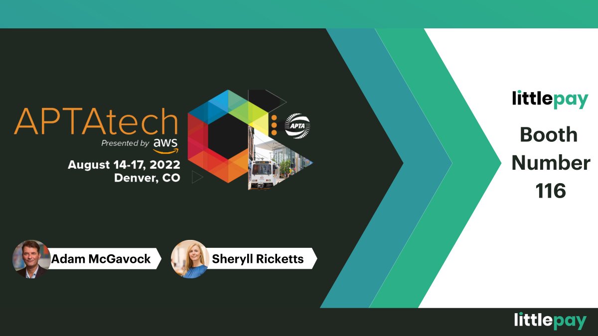 LittlepayHQ's tweet photo. @APTA_info's #aptatech is underway and you can find us at booth116.
Our representatives Adam McGavock and Sheryll Ricketts are looking forward to chatting about the role of contactless open loop ticketing in the future of public transportation.
#aptatech22 https://t.co/ECeY452UuH