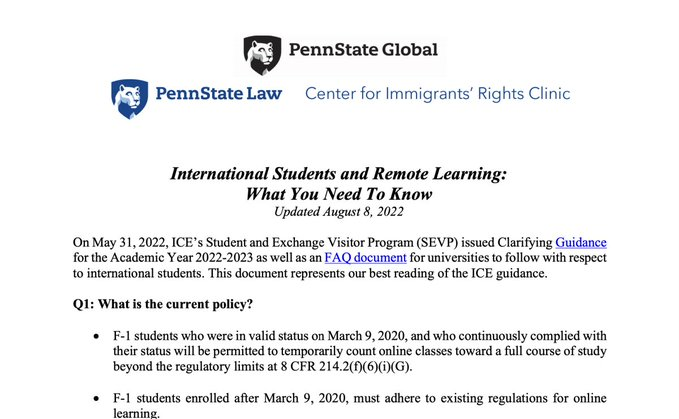 <a href="/PSLCt4ImmRights/">Penn State Law Center for Immigrants’ Rights</a> <a href="/PennStateGlobal/">Penn State Global</a> have a new fact sheet: International Students and Remote Learning: What You Need to Know pennstatelaw.psu.edu/sites/default/… #immigration