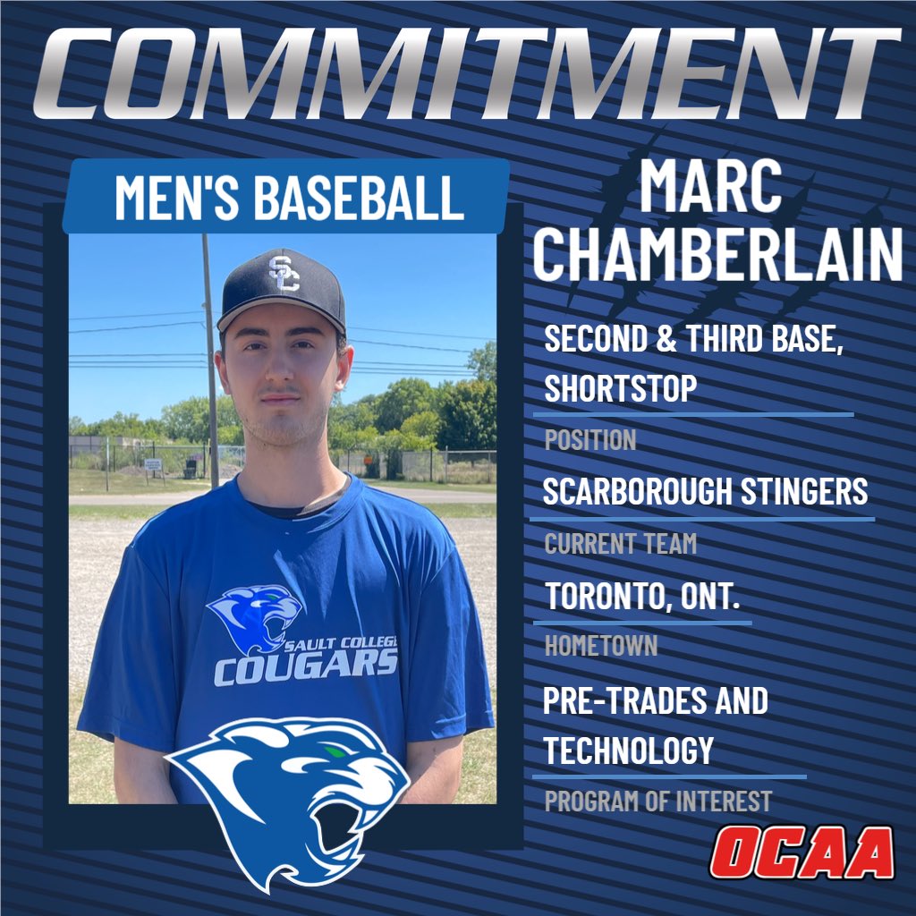 CougarsSault's tweet image. COMMITMENT ALERT! 🚨

Men’s baseball signs Scarborough Stingers player, Marc Chamberlain, for the 2022-2023 season!⚾️

Welcome to the Cougars! 🐾
#cougarpride #ocaabaseball