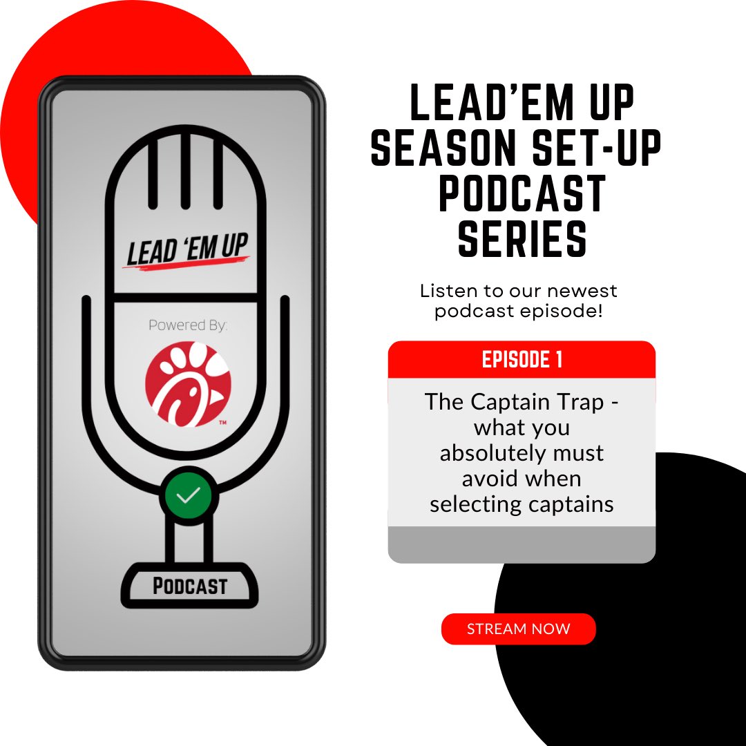 Lead 'Em Up (@lead_em_up) on Twitter photo The first episode in our “Season Set Up Series” is up!
What should you avoid when selecting captains?
<a href="/ABradley5/">Adam Bradley💰</a> & <a href="/k_elmendorf/">Kyle Elmendorf</a> share their thoughts. Listen in and let us know what you think: podcasts.apple.com/us/podcast/lea… #LeadEmUp The first episode in our “Season Set Up Series” is up!
What should you avoid when selecting captains?
<a href="/ABradley5/">Adam Bradley💰</a> & <a href="/k_elmendorf/">Kyle Elmendorf</a> share their thoughts. Listen in and let us know what you think: podcasts.apple.com/us/podcast/lea… #LeadEmUp