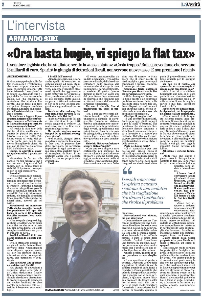 armandosiri's tweet photo. Vi propongo la mia intervista di oggi su @LaVeritaWeb. 
Da giorni non faccio altro che leggere e ascoltare falsità incredibili sulla nostra proposta di #FlatTax diffuse dalla sinistra. 
Ora basta! Qui spiego come funziona. https://t.co/lO8DJJYSeE