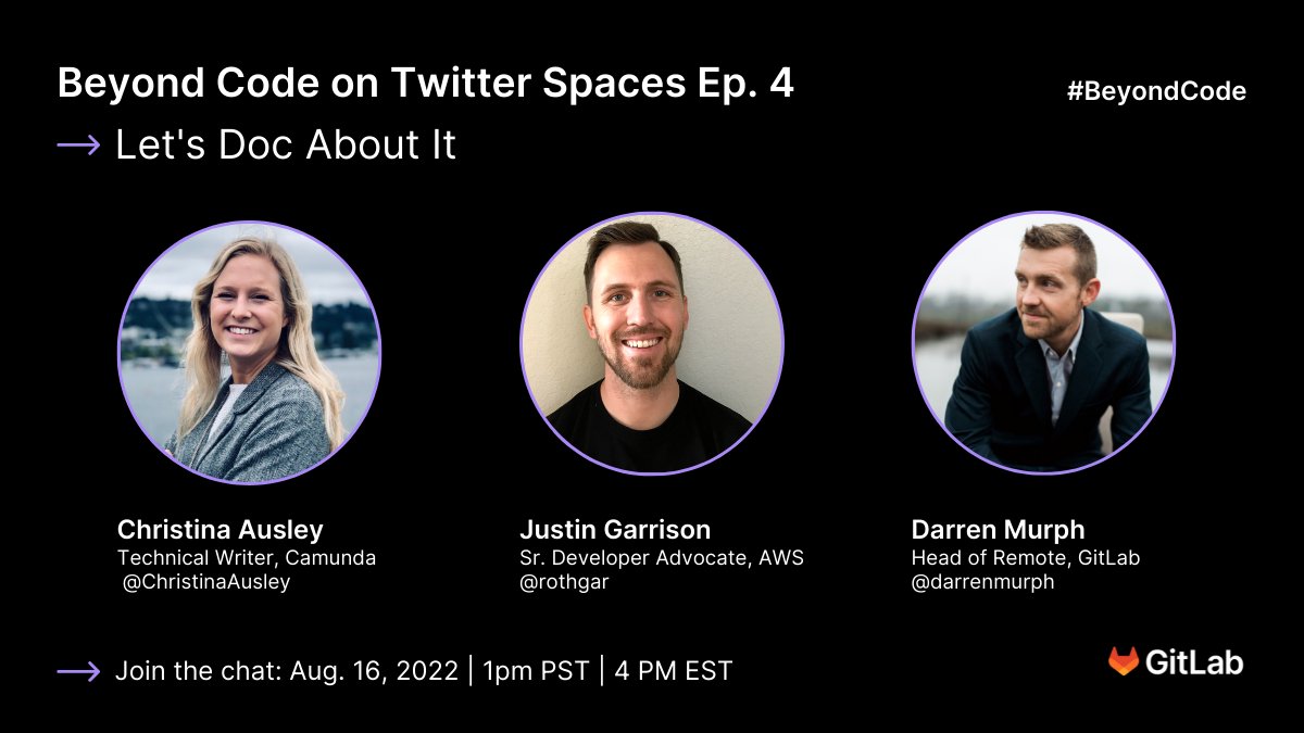 Tomorrow: Our next #BeyondCode @TwitterSpaces panel with technical writer <a href="/ChristinaAusley/">Christina Ausley</a>, #DevRel advocate <a href="/rothgar/">💙R_für_Deutschland 💙</a> &amp; our Head of Remote <a href="/darrenmurph/">Darren Murph</a> is about building a strong documentation culture. Tune in! 

Set a reminder here. bit.ly/3BZcYaN