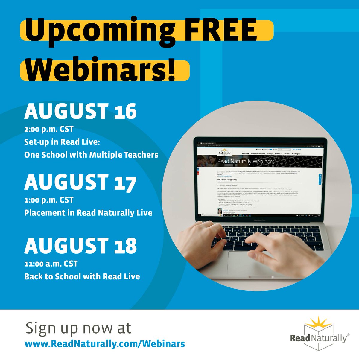 ReadNaturally's tweet photo. We have some great upcoming FREE webinars this week! Sign up now at https://t.co/wvPhdmX4Sr
#edtech #teachertraining #readlive #readnaturally #readnaturallylive https://t.co/BxhEMy34L9