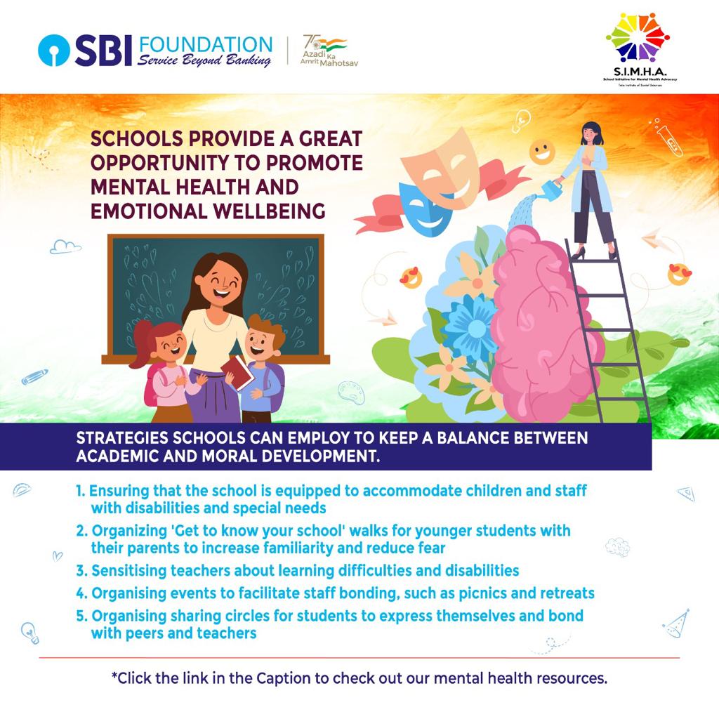 SBI_FOUNDATION's tweet photo. School experiences are vitally important in both children’s intellectual development and their psychological well-being.
@SimhaTiss
Check out our mental health resources here👉 
https://t.co/iCHWD1zWCS
#AzadiKaAmrutMahotsav #AzadiKaAmrutMahotsavWithSBI #SBIF #SBIFoundation #SBI https://t.co/7PNsm1tebk