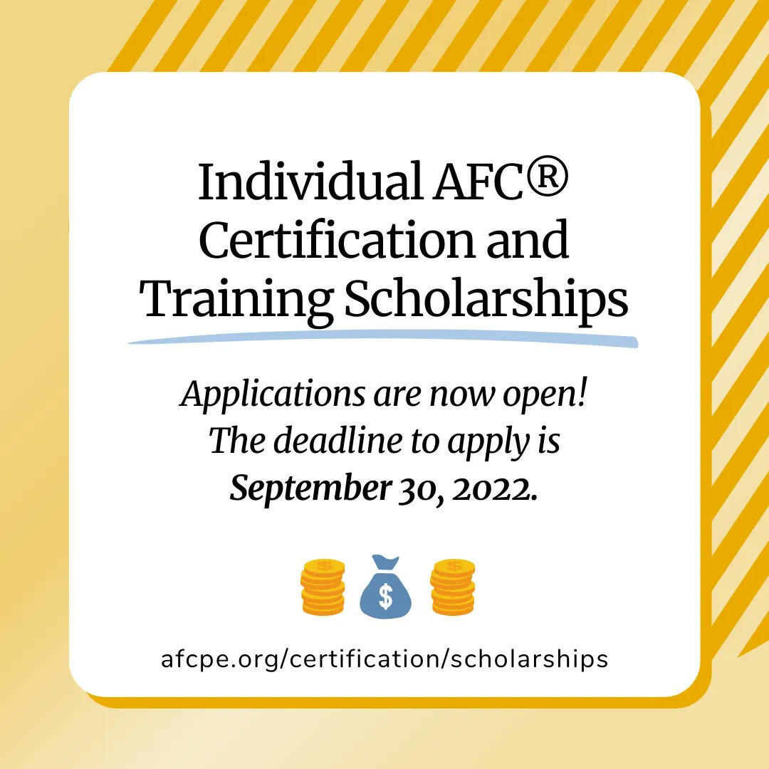 More scholarships! Apply, apply, apply: buff.ly/3SNjzeH  🙌
 
Thanks to generous funding from the AFCPE Strategic Impact Fund, <a href="/NEFE_ORG/">NEFE</a> and @JPMorgan, AFCPE is offering certification scholarships to cover the cost of training and credentialing for AFCs®!