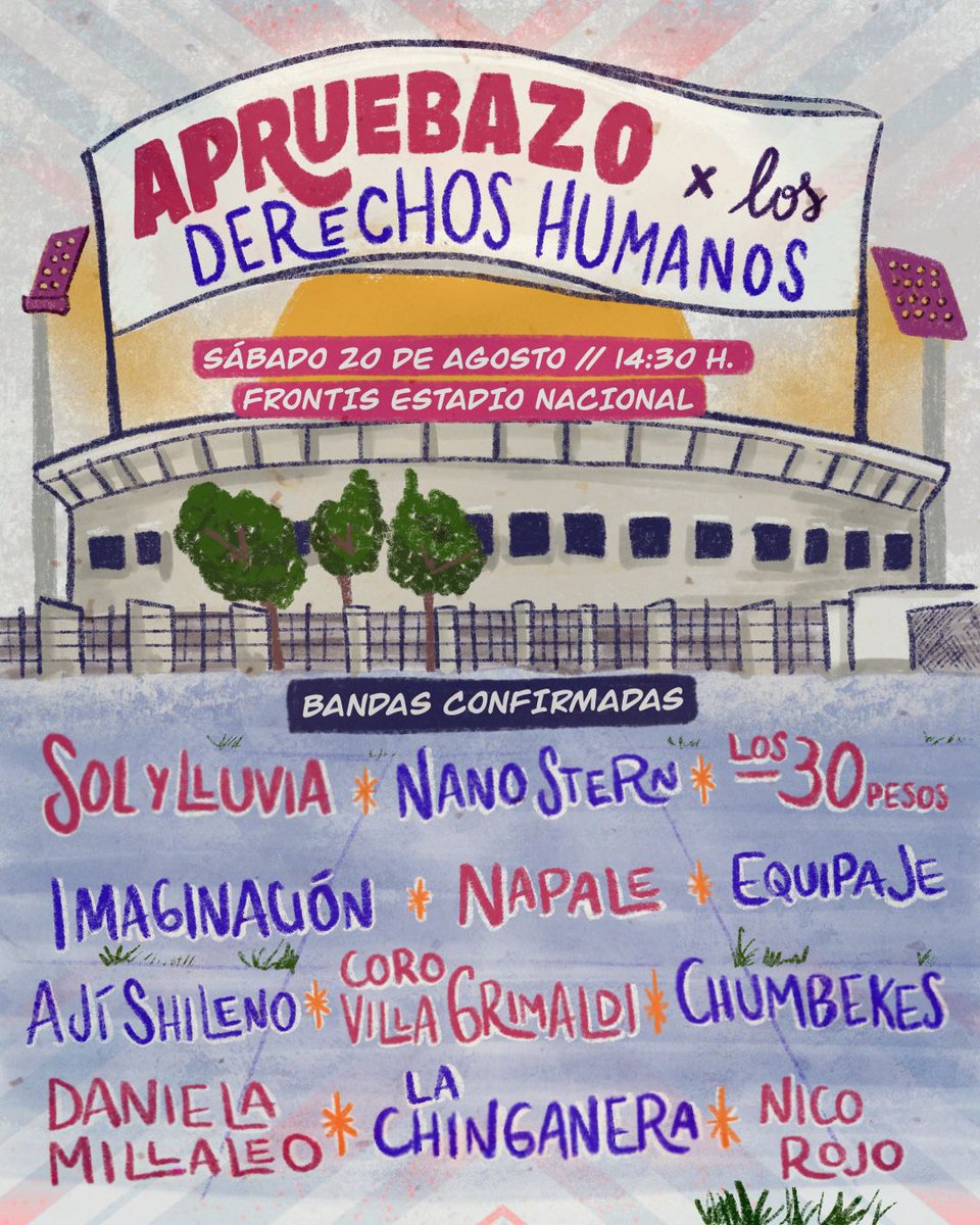 #CHILE Súmate al #APRUEBAZO por los #DerechosHumanos este sábado 20 de agosto desde las 14:30 hrs en el Frontis del Estadio Nacional Vamos todas y todos por el #Apruebo  <a href="/AFEPSantiago/">AFEP Santiago</a> <a href="/RSMemoria_cl/">Red de Sitios de Memoria</a> <a href="/Londres_38/">Londres 38, espacio de memorias</a> <a href="/3y4alamos/">Corporación Campo de Concentración 3y4 Álamos</a> <a href="/solylluvia/">Sol y Lluvia</a> <a href="/prensaopal/">OPAL prensa</a> <a href="/PiensaPrensa/">PIENSAPRENSA 359 mil Seguidores</a>