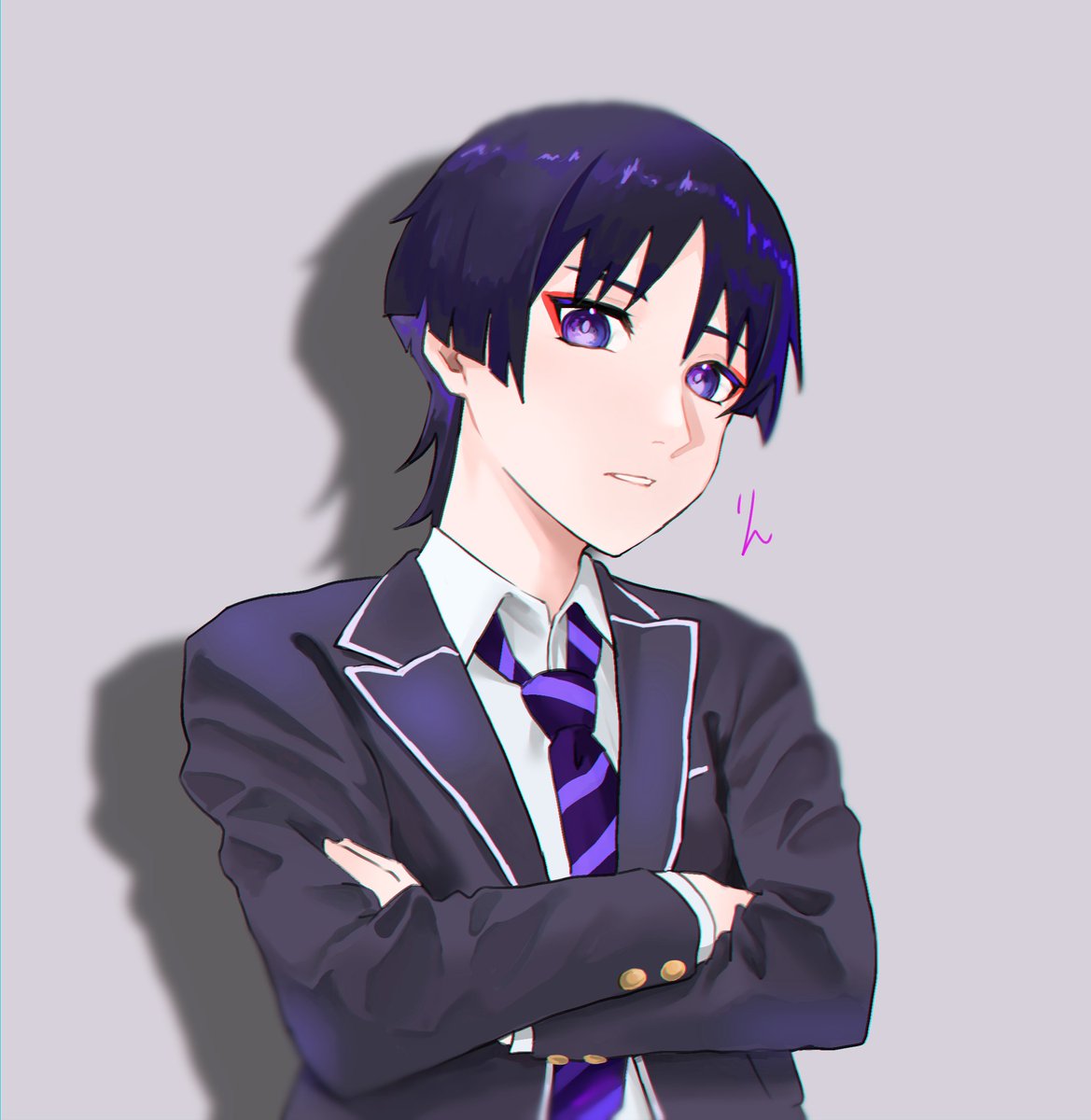 scaramouche (genshin impact) 1boy male focus necktie solo purple eyes crossed arms shirt  illustration images