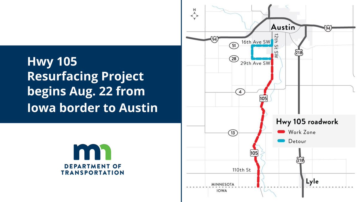 mndotsoutheast's tweet photo. Motorists on Hwy 105 from the Iowa border to Turtle Creek in Austin should be alert for lane restrictions beginning Aug. 22 as crews begin resurfacing the road. Check out project details and sign up for updates: https://t.co/1YwXGJrguO #MowerCounty @VisitAustinMN https://t.co/Fivz8nlsGs
