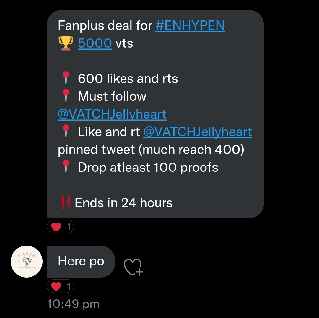 unaaa_aaa's tweet photo. Fanplus deal for #ENHYPEN
🏆 5000 vts

📍 600 likes and rts
📍 Must follow @VATCHJellyheart 
📍 Like and rt @VATCHJellyheart pinned tweet (much reach 400)
📍 Drop atleast 100 proofs 

‼️Ends in 24 hours
#ENFuelUp https://t.co/D9iEp5ALCP