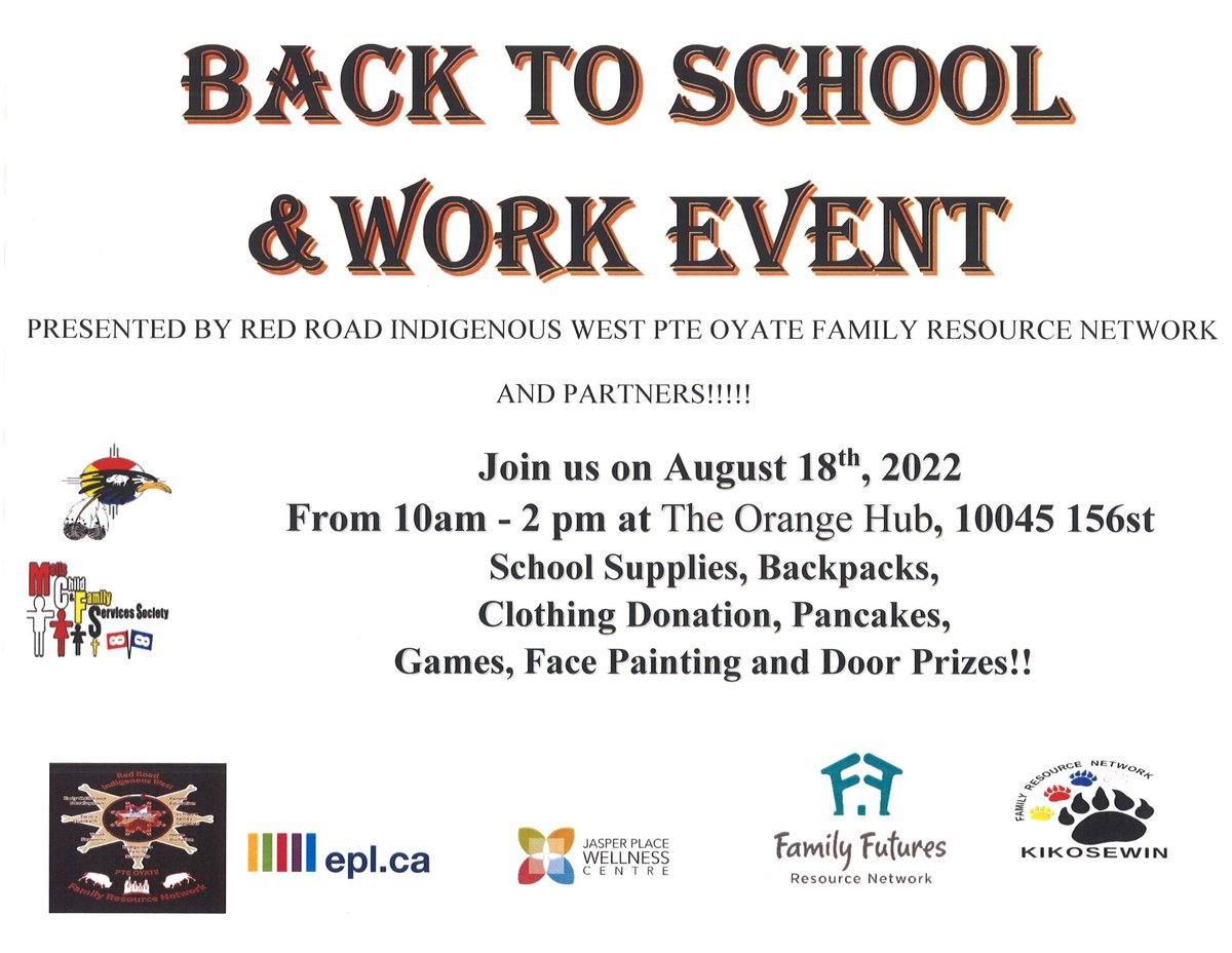 jpwcYEG's tweet photo. MARK YOUR CALENDARS!

This year we are partnering with our neighbours at The Red Road Healing Society for The Back to School Event! 

This THURSDAY, August 18, 2022, from 10 AM - 2 PM at The Orange Hub 10045 156 St. 

#yeg #edmonton https://t.co/5Gl4sPc4Ja