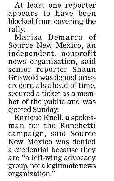 curmudgeon_girl's tweet photo. #ABQJournal gives front page to Ronchetti &amp; DeSantis of course. Last paragraph they mention The Source reporter being ejected and allow that news to be labeled illegitimate. Watch out! If they’ll block one news source, they’ll eventually block them all. https://t.co/XTHaJKNvOF