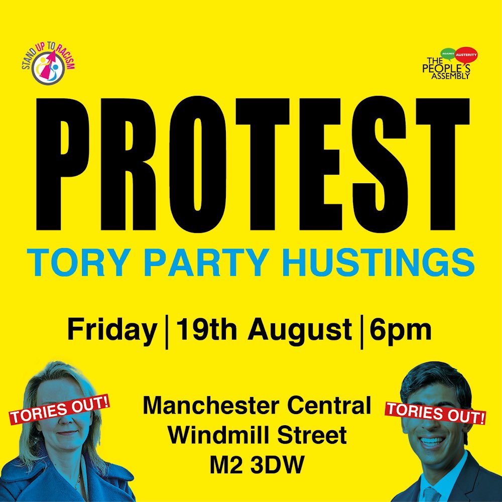 MCR PeoplesAssembly (@pplsassemblymcr) on Twitter photo ‼️The Tories are in town for their leadership hustings this Friday. Let’s show them what we think of them. Bring pots, pans, drums, placards, banners. Join us!
See Facebook event here: facebook.com/events/s/manch…
<a href="/Manchester_SUTR/">Manchester Stand Up To Racism</a> ‼️The Tories are in town for their leadership hustings this Friday. Let’s show them what we think of them. Bring pots, pans, drums, placards, banners. Join us!
See Facebook event here: facebook.com/events/s/manch…
<a href="/Manchester_SUTR/">Manchester Stand Up To Racism</a>