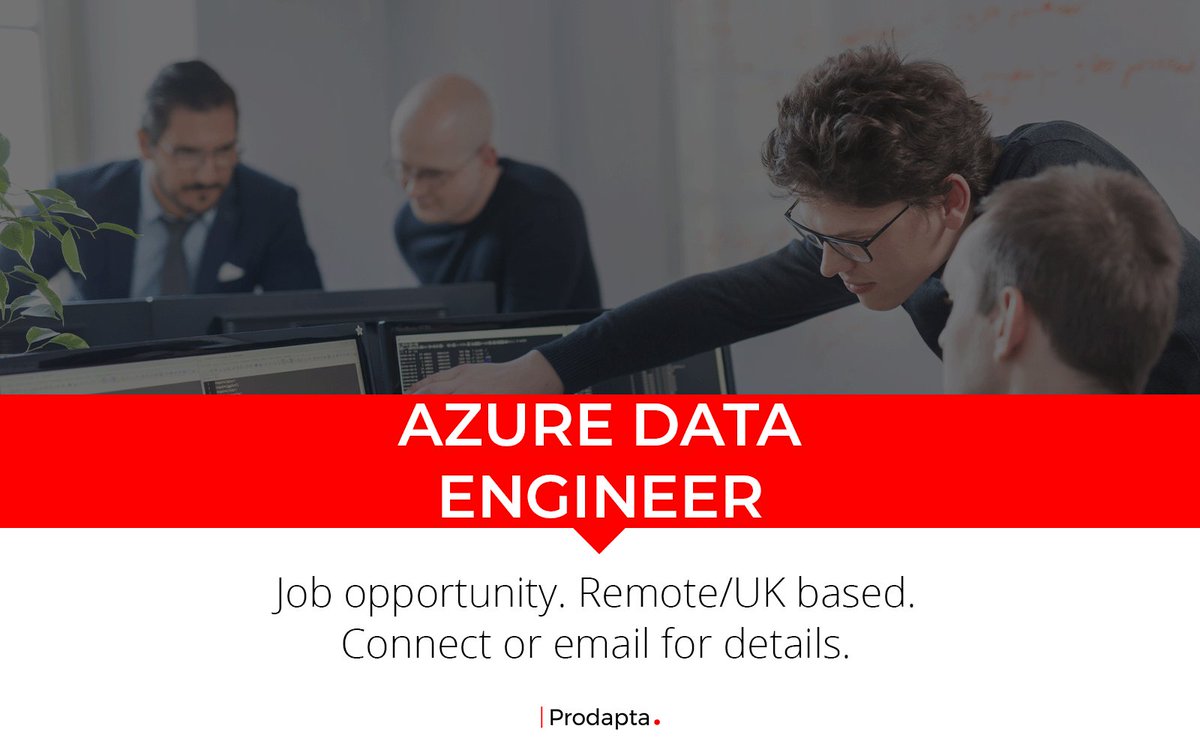 ProDapta's tweet photo. JOB OPPORTUNITY: Azure Data Engineer
Salary: £60,000 per annum
Location: #Remote #UK #StAlbans
For details, please contact Stuart Welch on Stuart.Welch@prodapta.com
#Prodapta #TechJobs @Microsoft #Microsoft #MicrosoftJobs #Azure #Python #SQL #Implementation #Data https://t.co/2swWhvEWYZ