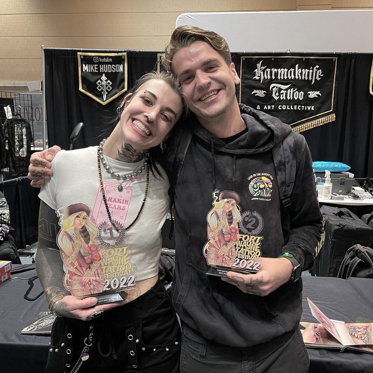 sortasick's tweet photo. This weekend my shop went to the Fort Wayne Tattoo Festival and I took home FIRST PLACE FOR LARGE BLACK AND GREY TATTOO!!! And Mikey got 2nd place for best portrait for the anakin tattoo he did on me 😭 it was such a good first convention https://t.co/yciosDPWL2