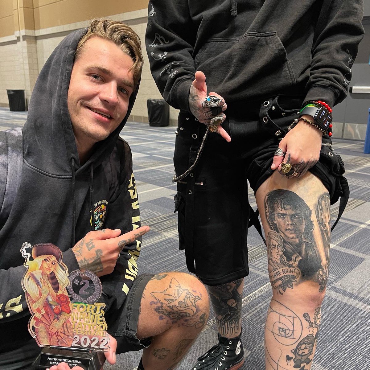 sortasick's tweet photo. This weekend my shop went to the Fort Wayne Tattoo Festival and I took home FIRST PLACE FOR LARGE BLACK AND GREY TATTOO!!! And Mikey got 2nd place for best portrait for the anakin tattoo he did on me 😭 it was such a good first convention https://t.co/yciosDPWL2