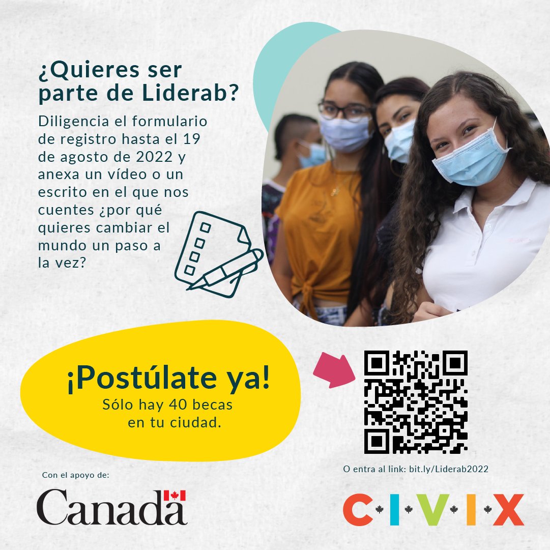 Civix_Colombia's tweet photo. ¿Qué es y cómo se ve #Liderab?
Es un programa para ti, que ya lideras o quieres liderar procesos en tu colegio, tu barrio o tu comunidad y sabes que cambiar el mundo comienza, primero, por prepararse. 

Postúlate hasta el 1⃣9⃣ de agosto a las 11:59 p.m.
➡️https://t.co/IvxbpfbNLr https://t.co/dYkaO5Q4d0